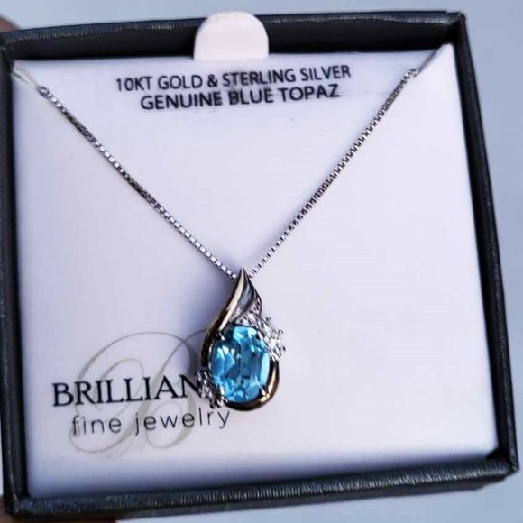 Brilliance Genuine 10kt gold & Sterling Silver Blue Topaz Diamond Necklace - Picture 1 of 5